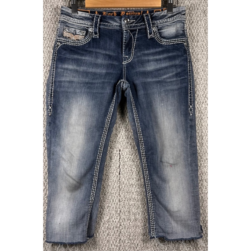 Rock‎ Revival Nancy EJ9 Easy Straight Capri Jeans 29 Blue Distressed Embroidered